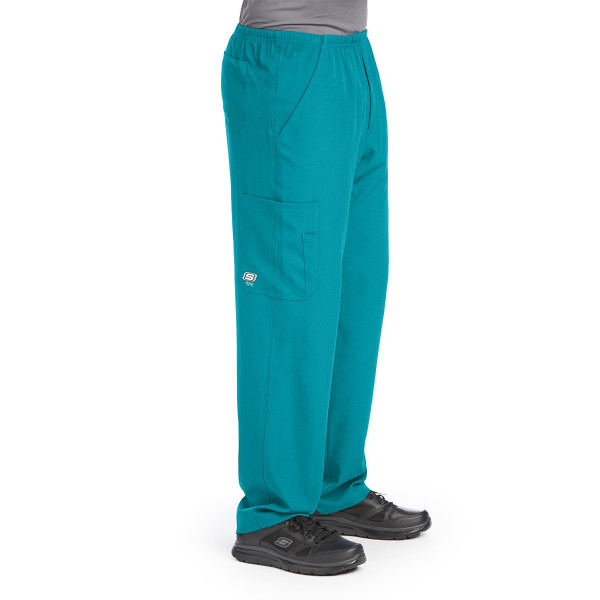 Pantalon médical homme, couleur teal blue vue de côté, collection "Skechers" (SK0215-)