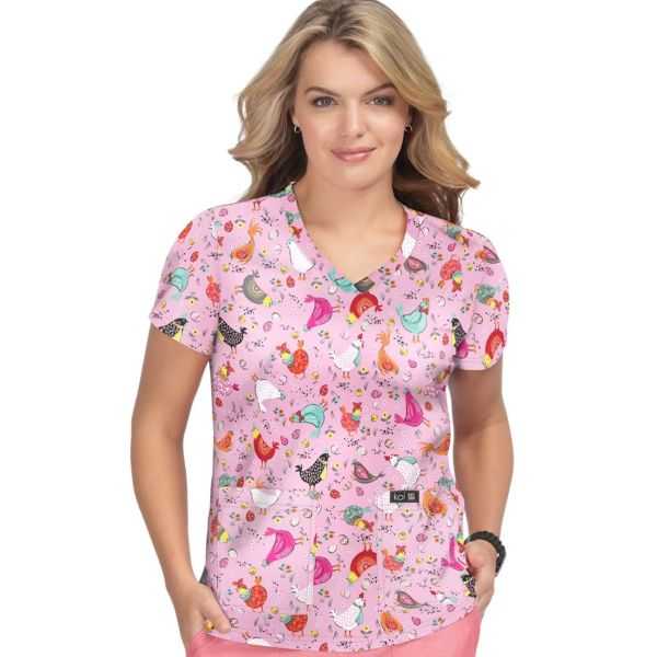 Blouse médicale originale Femme "Poules sur fond rose", (384PR-HEN)