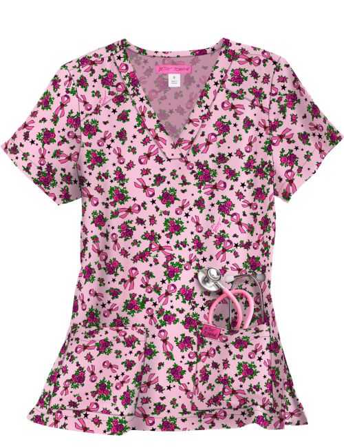 Women's Original Medical Gown "Smileys and flowers " on pink background, Koi Collection (B120PR-ASD)