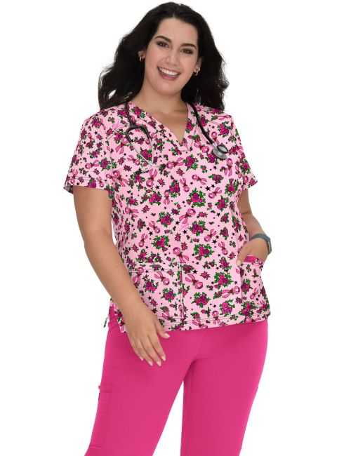 Women's Original Medical Gown "Smileys and flowers " on pink background, Koi Collection (B120PR-ASD)