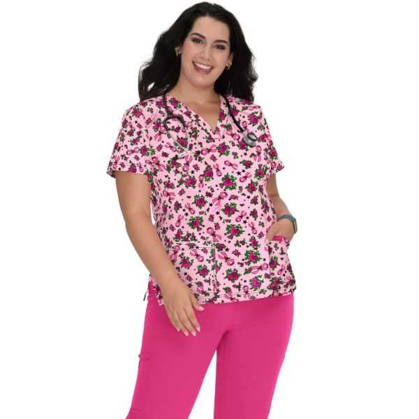 Women's Original Medical Gown "Smileys and flowers " on pink background, Koi Collection (B120PR-ASD)