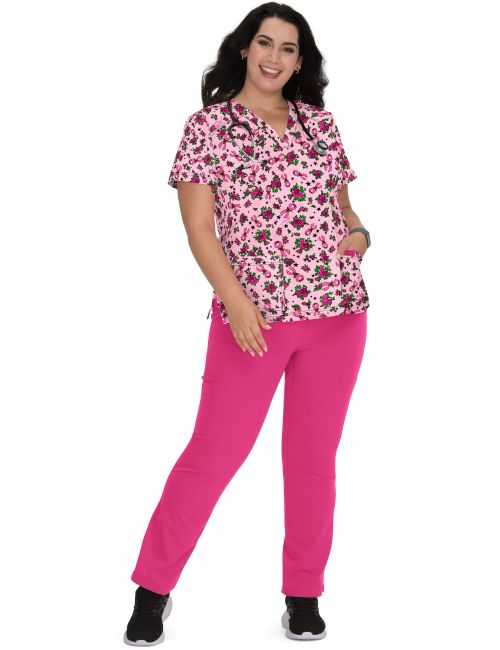 Women's Original Medical Gown "Smileys and flowers " on pink background, Koi Collection (B120PR-ASD)