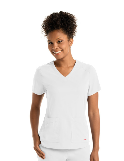 Blouse médicale femme, couleur blanc vue de face, collection "Grey's Anatomy Stretch" (GRST011-)